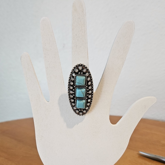 COWGIRL CONFETTI SILVER, TURQUOISE RHINESTONE STATEMENT RING- *Size 6.5 adjust. - Picture 2 of 4